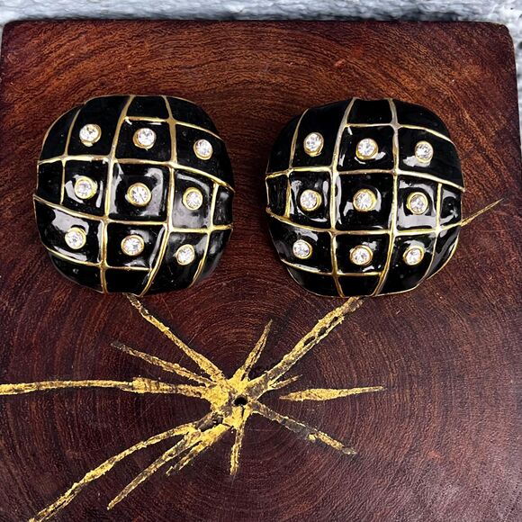 90s Large Black Enamel and Gold Clip On Earring Womens Vintage Statement Jewelry - Picture 3 of 10